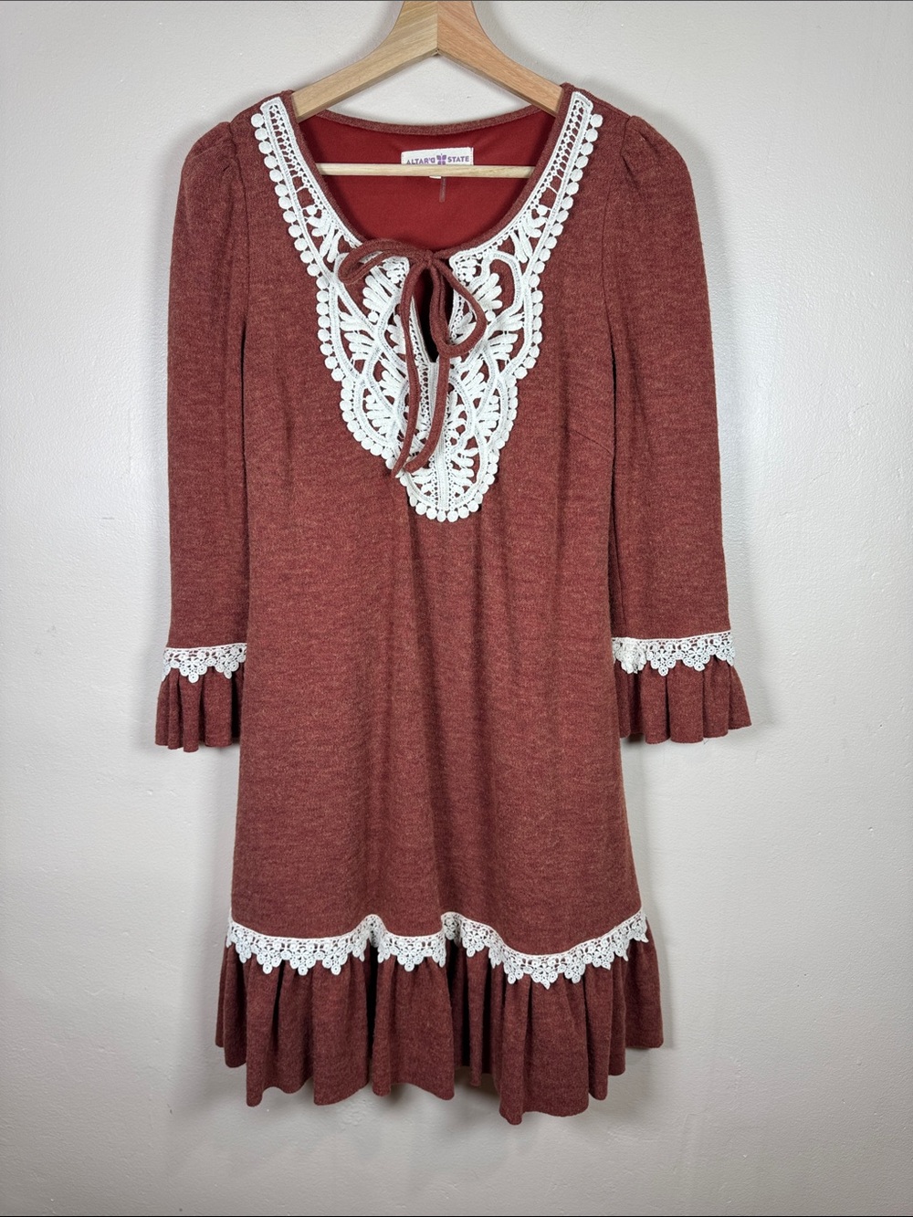 Altar'd State Lace-Accent Knit Sweater Dress Boho Crochet Ruffle Hippie S